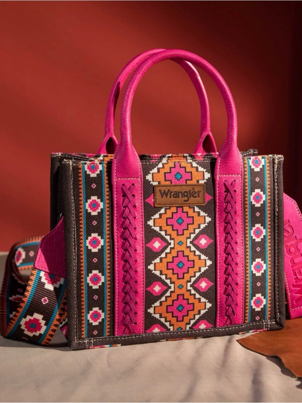 Wrangler Aztec Mini Tote Crossbody Purse & Matching Wallet Set Pink Western